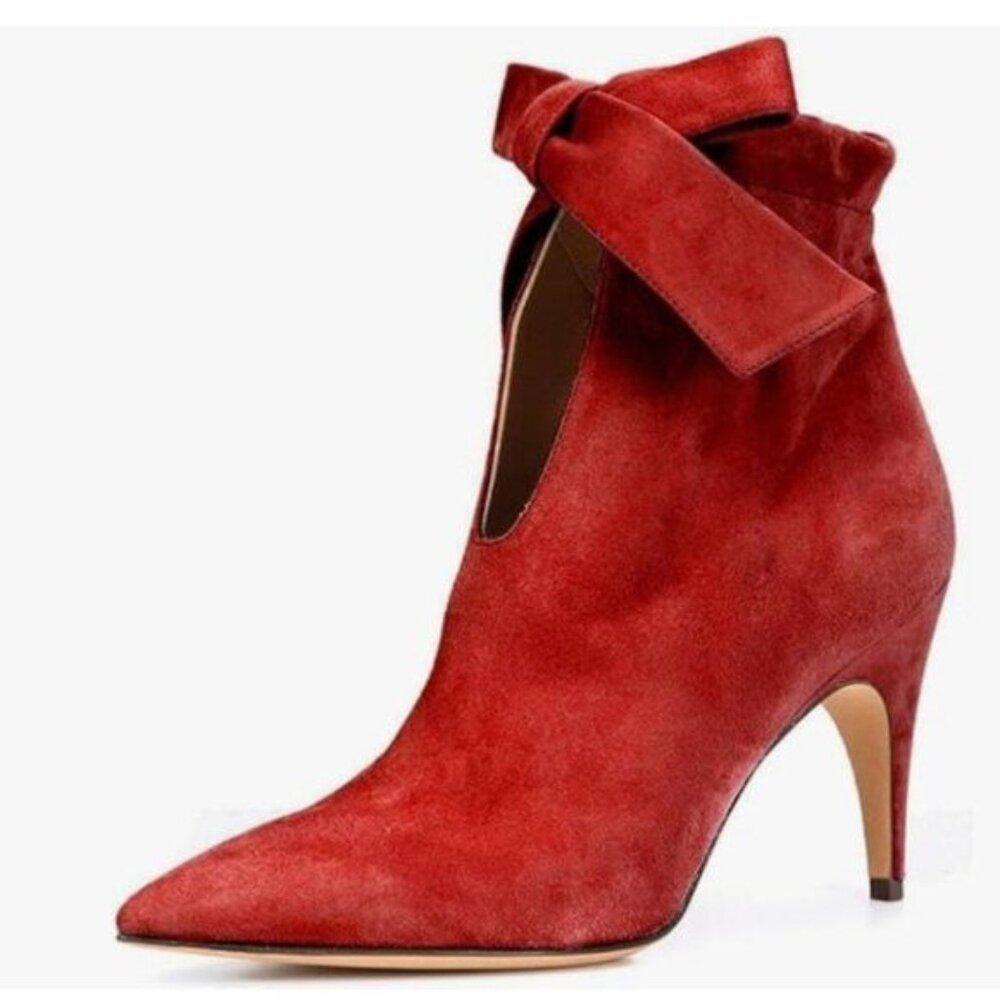 XYD Red Pointy Toe Ankle Booties Dress High Heels Graceful Boot Cute Bow Shoes